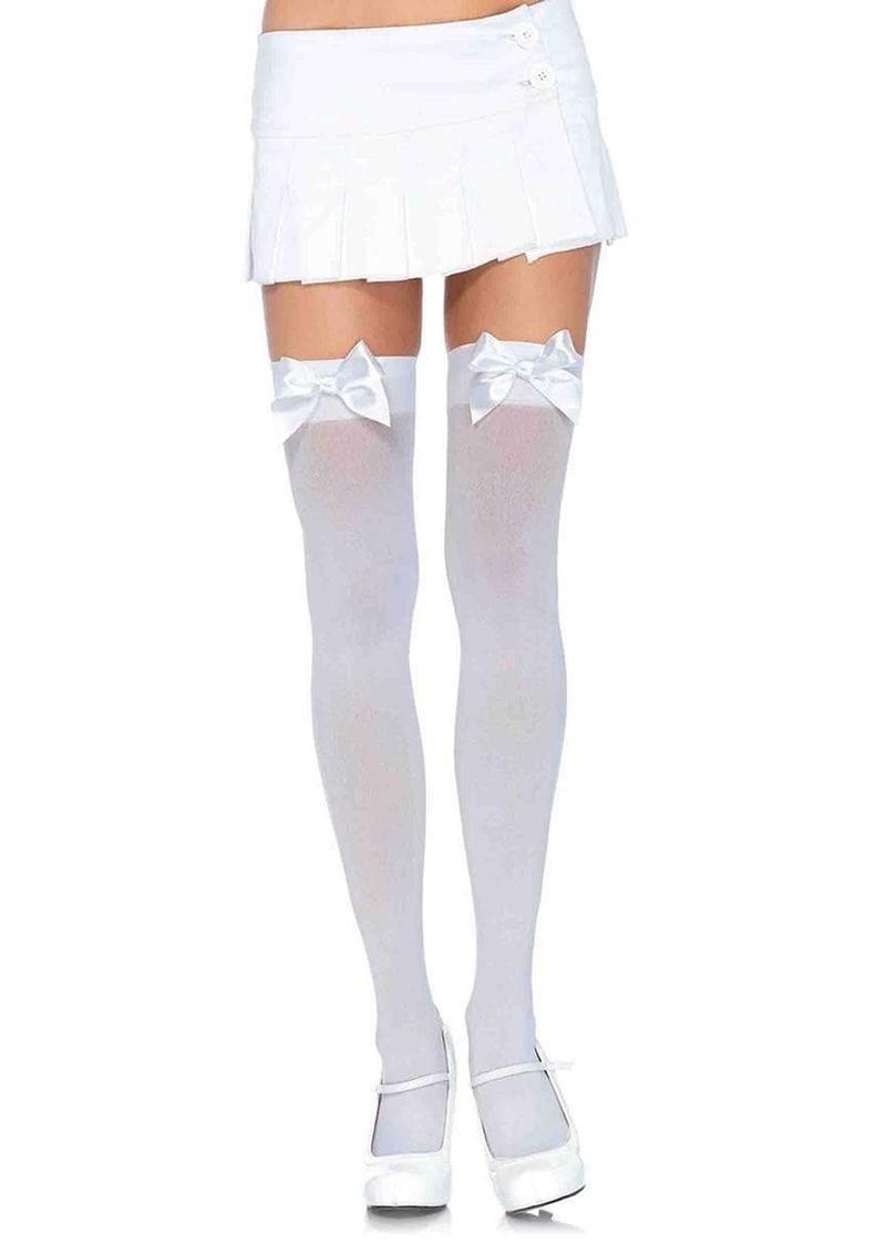 Leg Avenue Nylon Thigh High with Bow - OS - White
