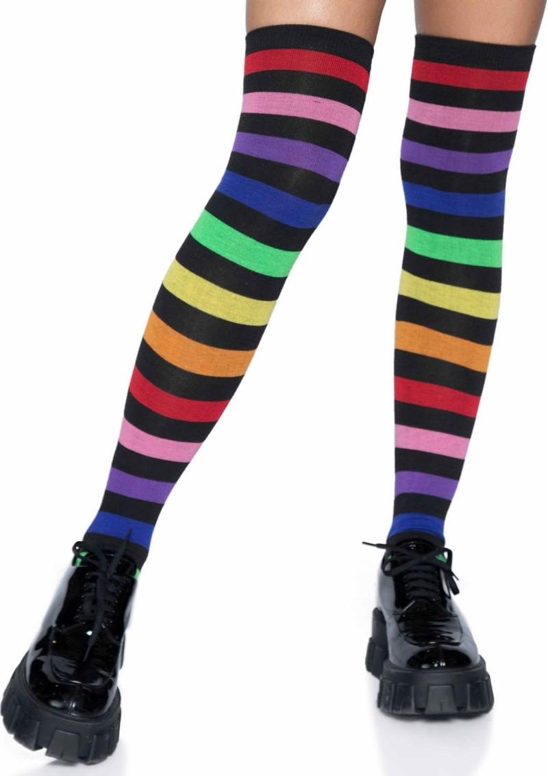 Acrylic Rainbow Stripe Thigh High Socks - OS